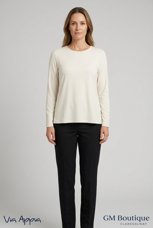 AI styling preview of Via Appia cream long-sleeve top on a model, front view, with both logos