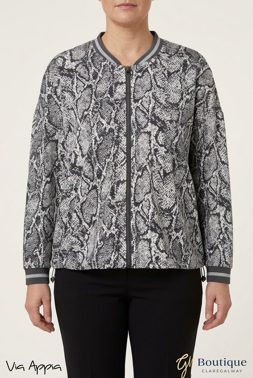 AI styling preview of Via Appia monochrome snake print zip jacket on a model, front view, with both logos