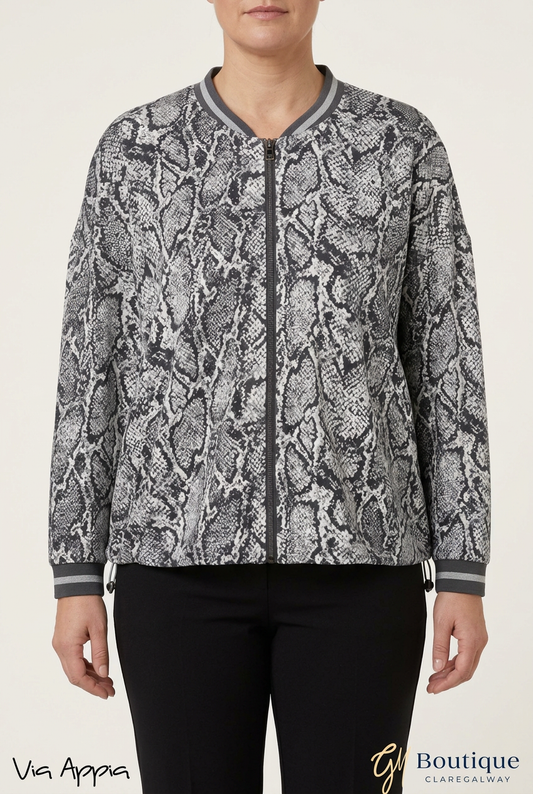 AI styling preview of Via Appia monochrome snake print zip jacket on a model, front view, with both logos