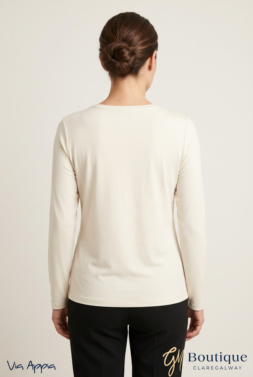 AI styling preview of Via Appia cream long-sleeve top on a model, back view, with both logos