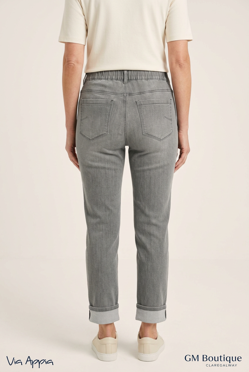 AI styling preview of Via Appia grey turn-up jeans on a model, back view, with both logos