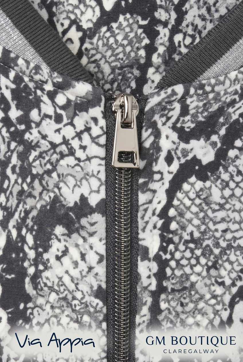 AI-edited detail preview of Via Appia snake print jacket zip and striped collar with both logos
