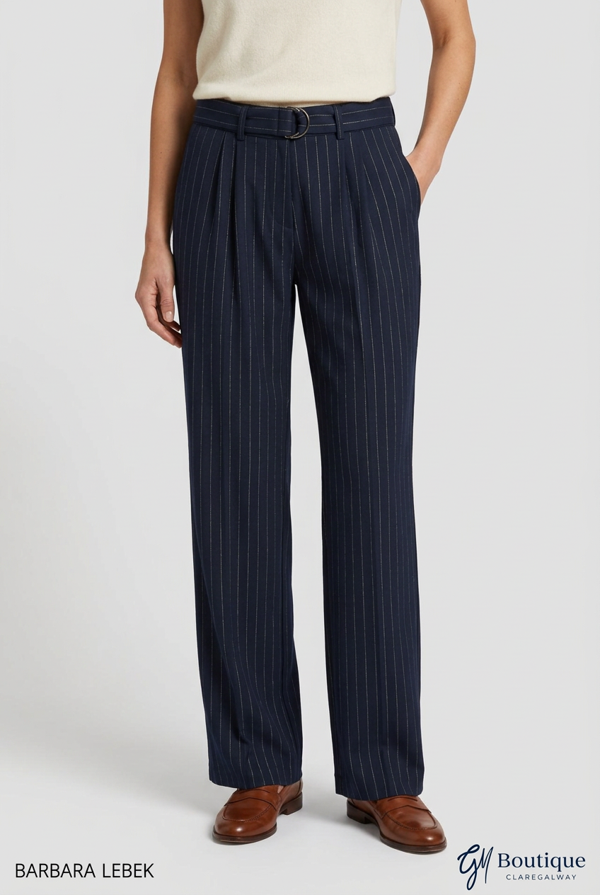 AI styling preview of Barbara Lebek navy pinstripe belted wide-leg trousers, front view, with Barbara Lebek and GM Boutique logos