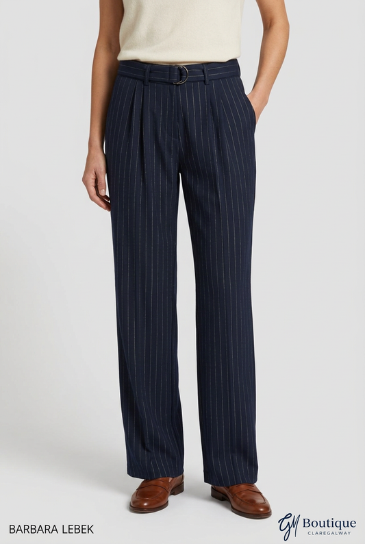 AI styling preview of Barbara Lebek navy pinstripe belted wide-leg trousers, front view, with Barbara Lebek and GM Boutique logos