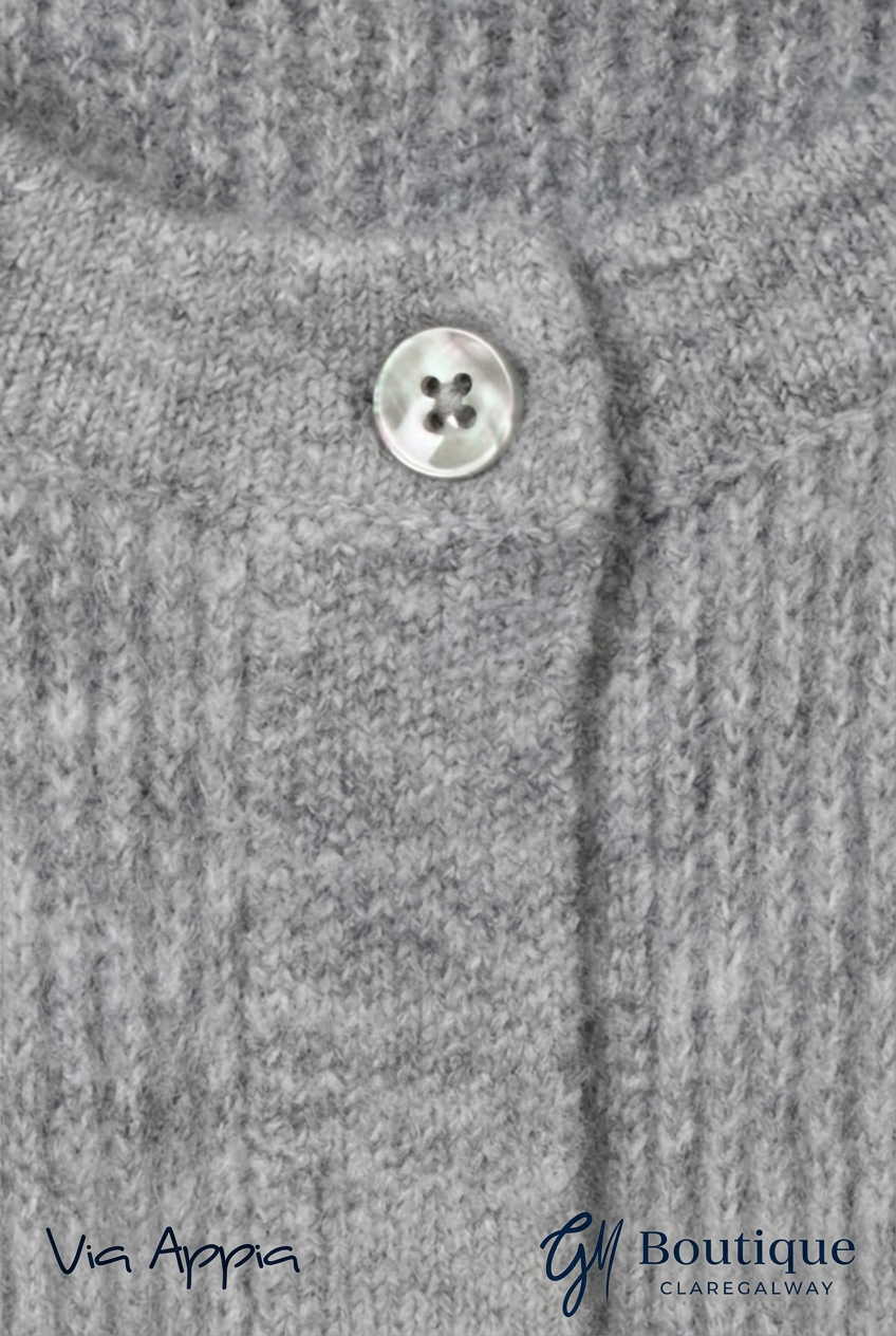 AI-edited detail preview of Via Appia grey knit and button with both logos