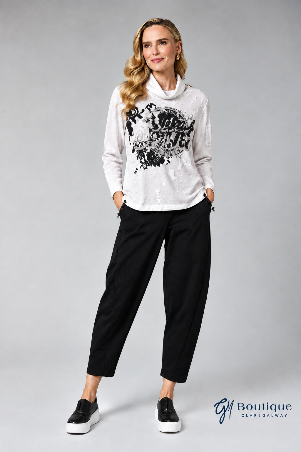 Model outfit preview with logo and no styling caption
