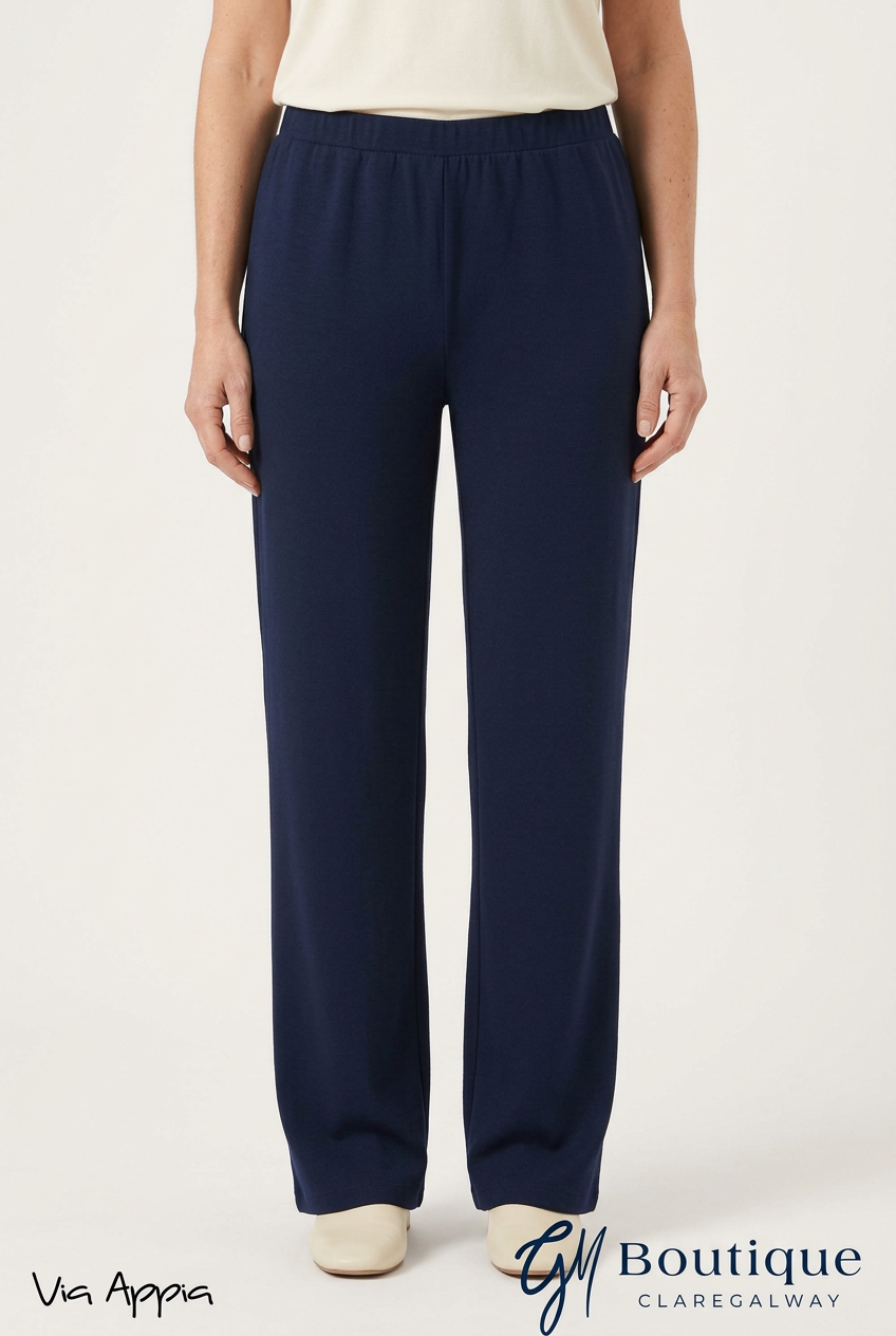 Via Appia Navy Wide-Leg Stretch Trousers